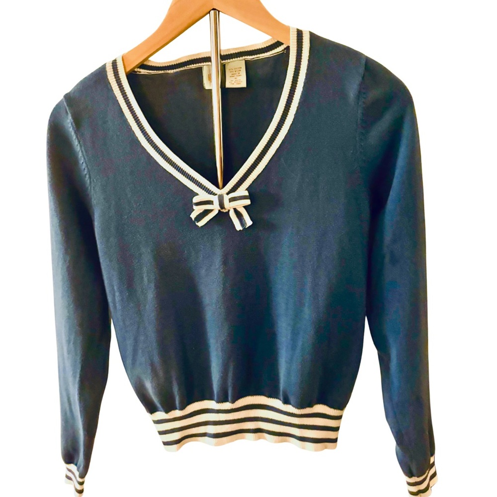 Anthropologie Navy V-Neck Sweater with White Accents